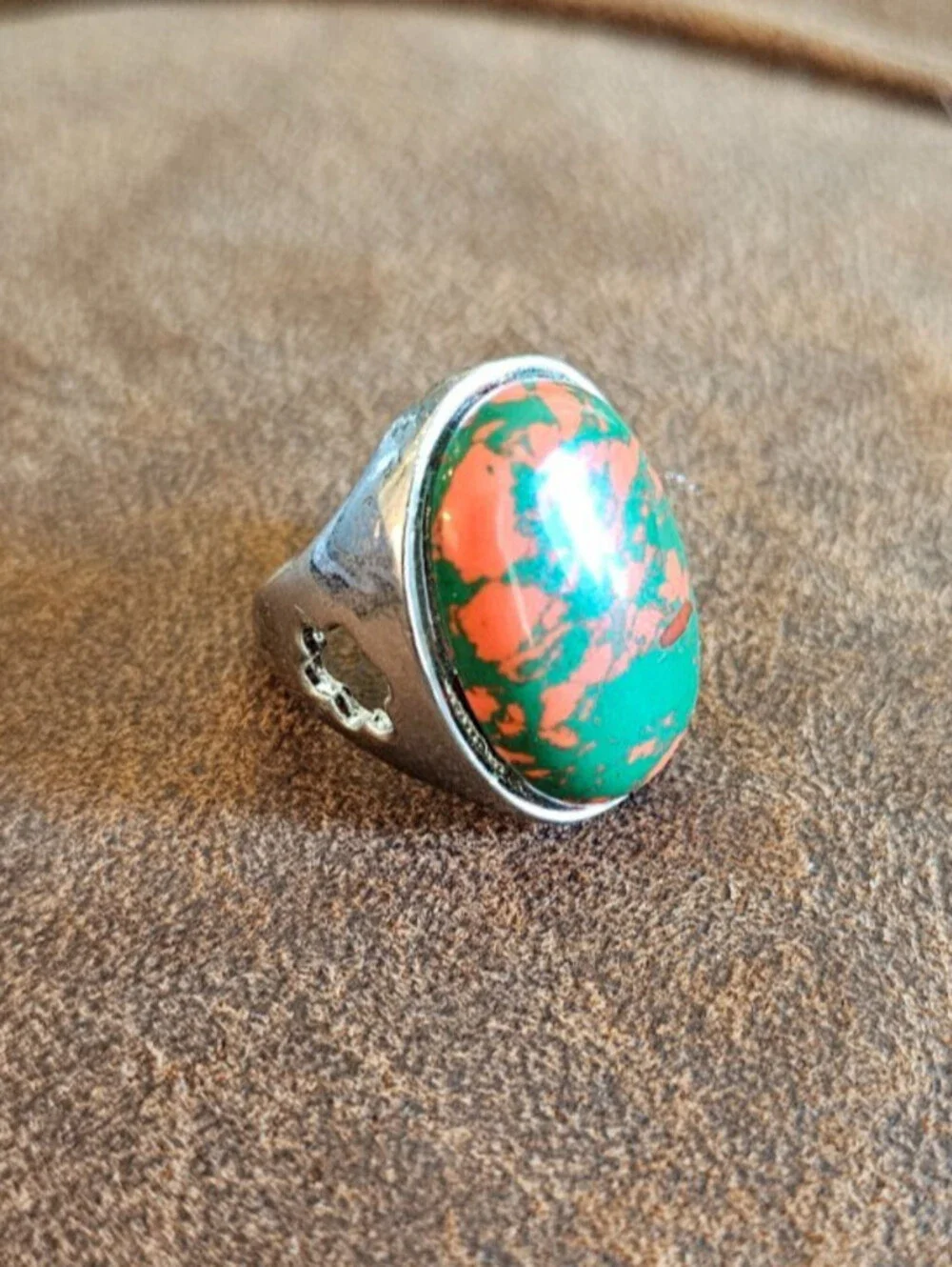 Vintage Mid Century Sz 7.5 Bloodstone Ring Orange Green Oval